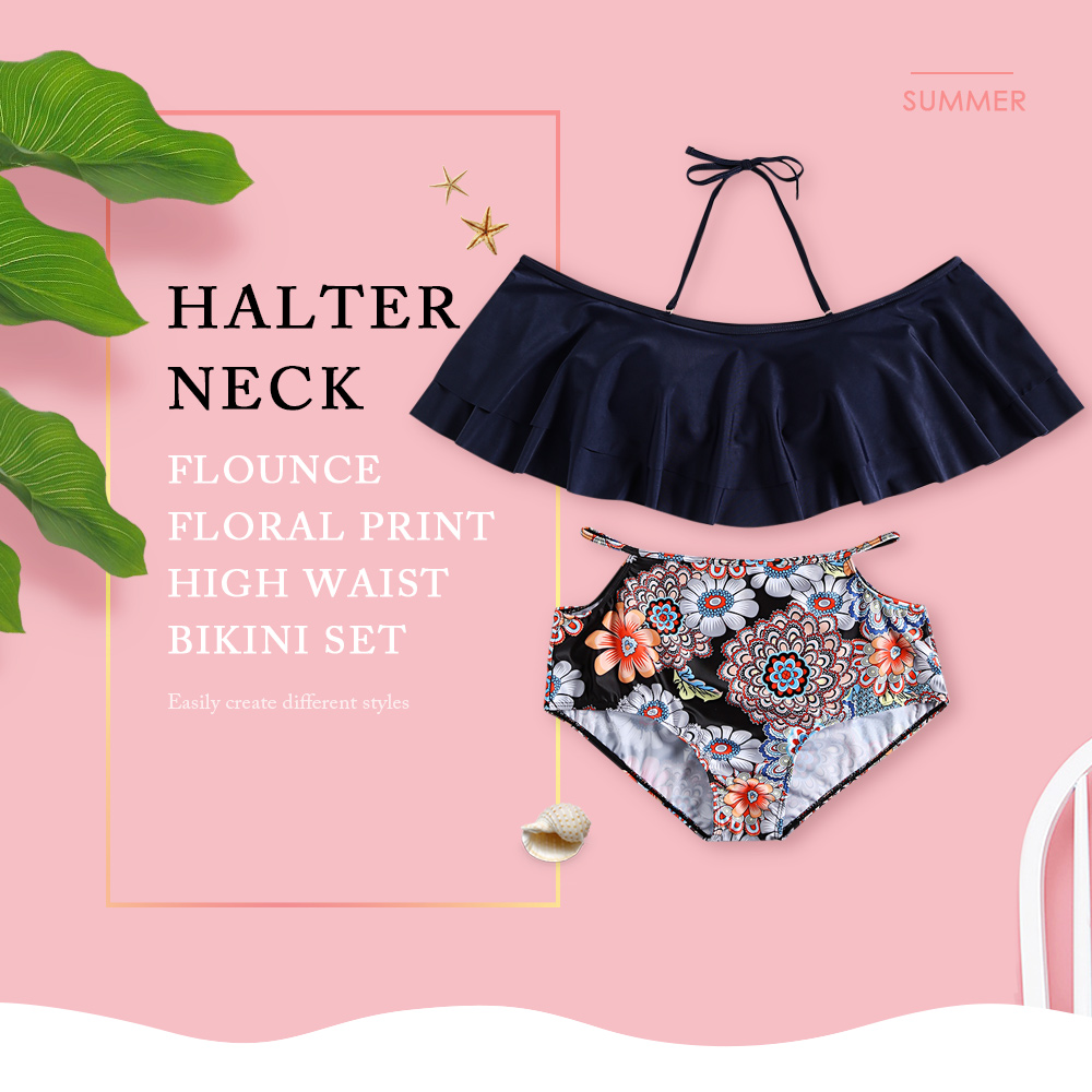 Halter Neck Off The Shoulder Padded Flounce Floral Print High Waist Plus Size Women Bikini Set