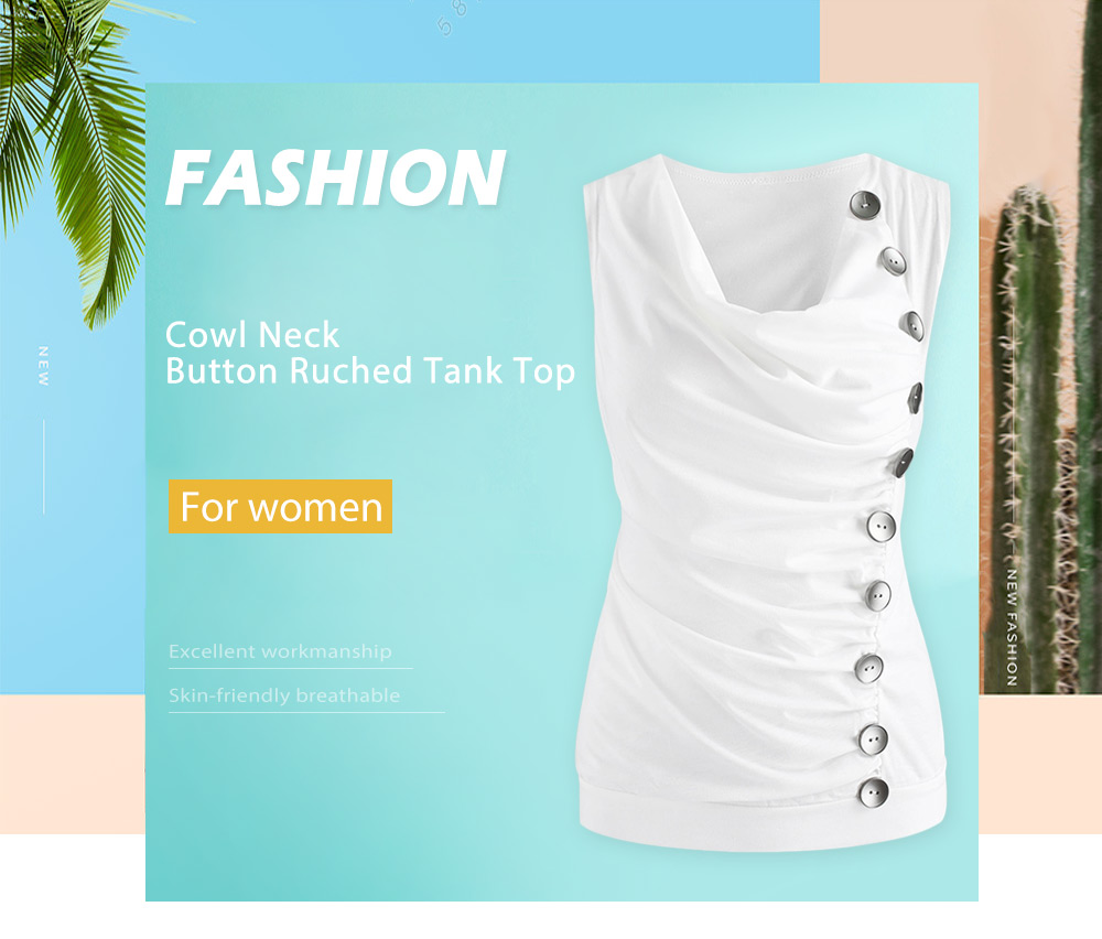 Cowl Neck Button Ruched Tank Top
