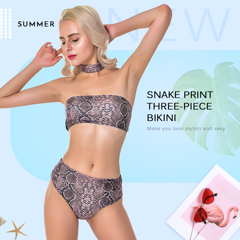 Sexy Snake Print Strapless Backless Padded Women Three-piece Bikini