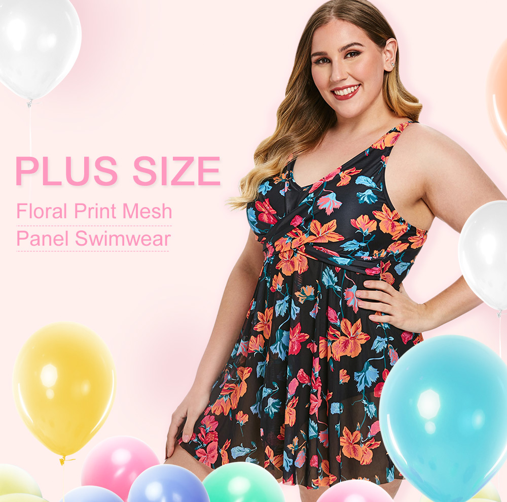 Plus Size Floral Print Mesh Panel Swimwear