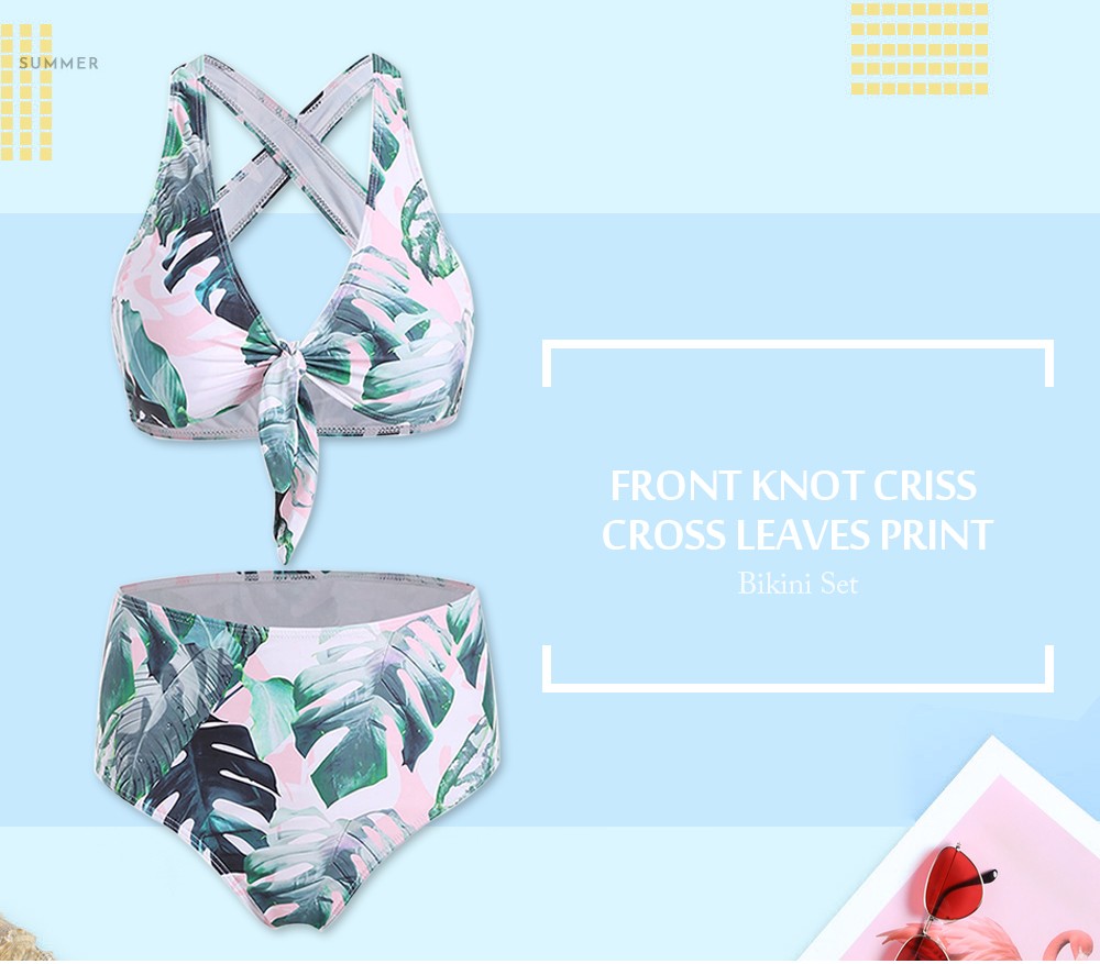 Front Knot Criss Cross Leaves Print Bikini Set