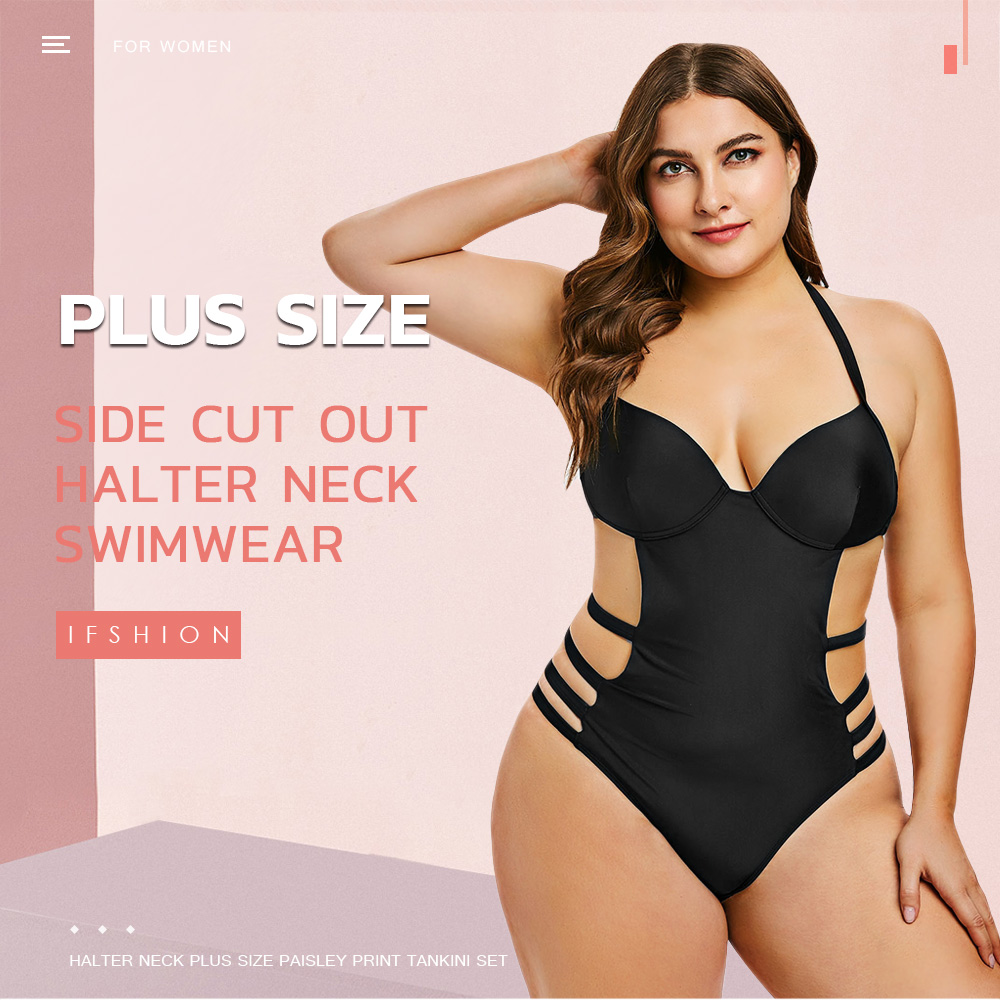 Side Cut Out Plus Size Halter Neck Swimwear