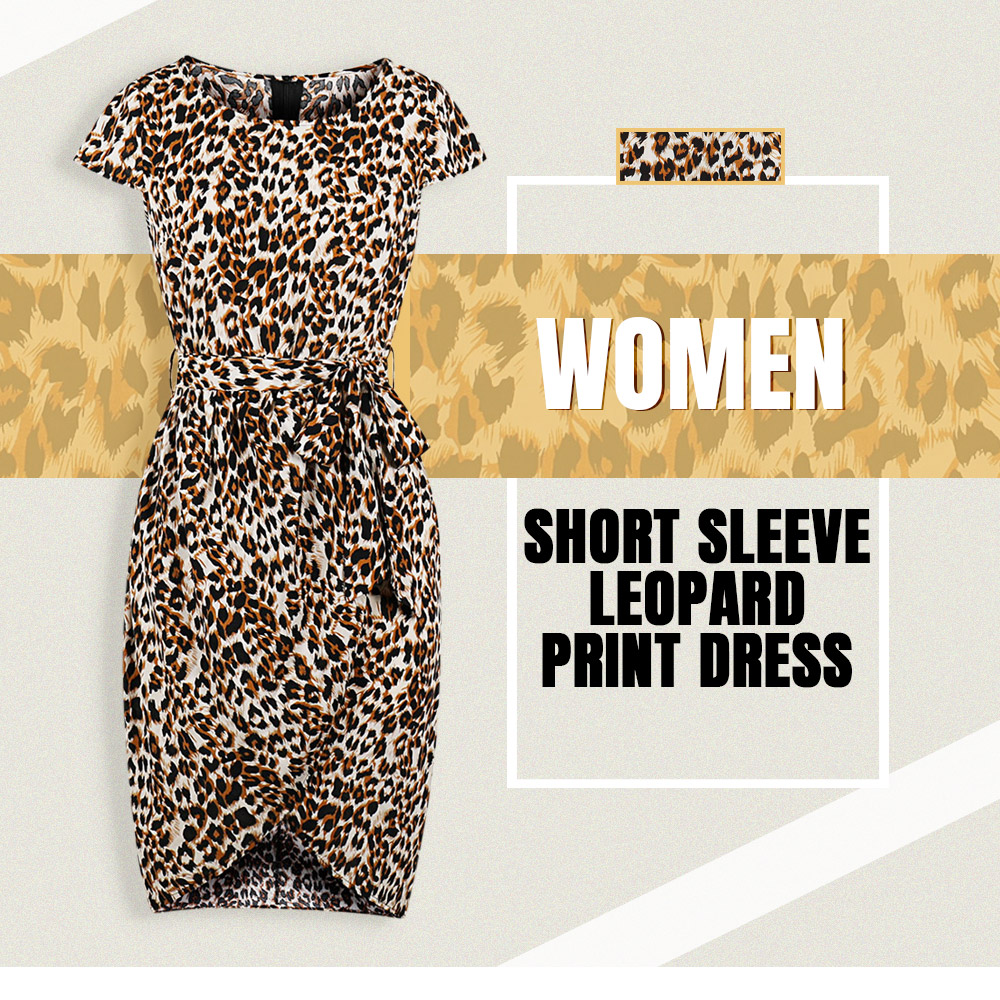 Round Collar Short Sleeve Leopard Print Belted Asymmetric Women Dress