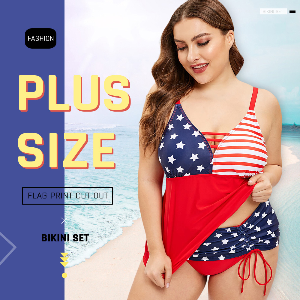 Plus Size American Flag Print Cut Out Tankini Set
