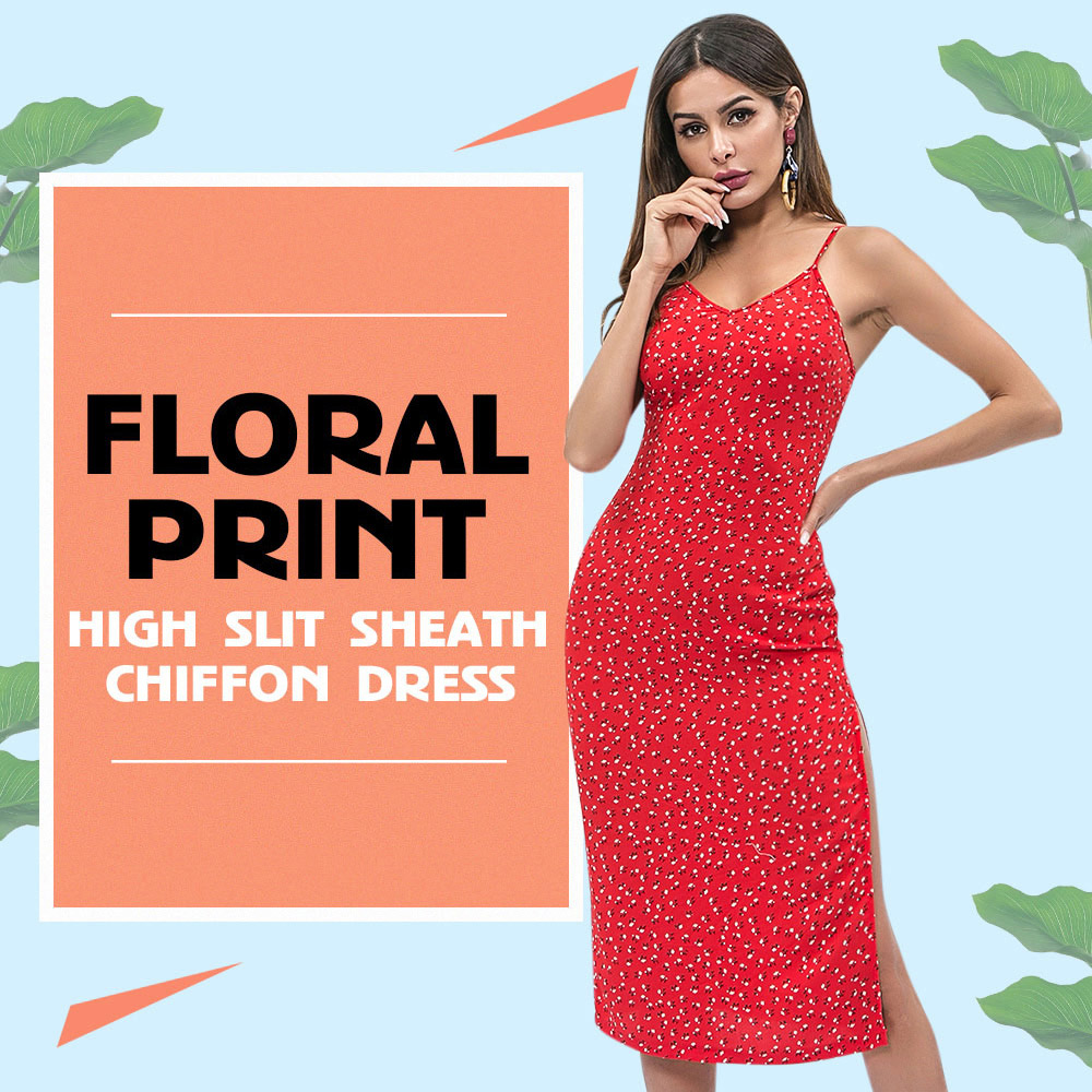 Spaghetti Strap Floral Print High Slit Sheath Women Chiffon Dress