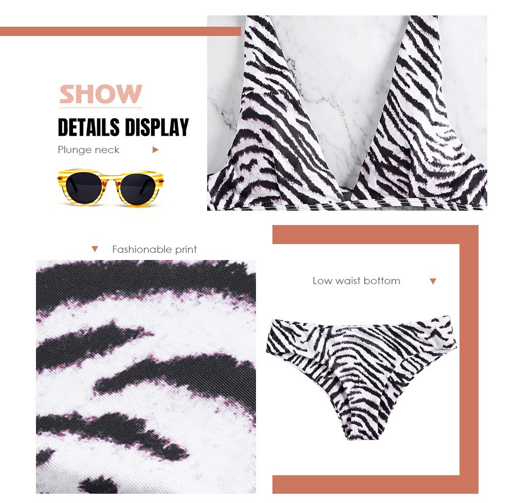 Plunge Neck Animal Print Padded Backless Low Waist Women Bikini Set