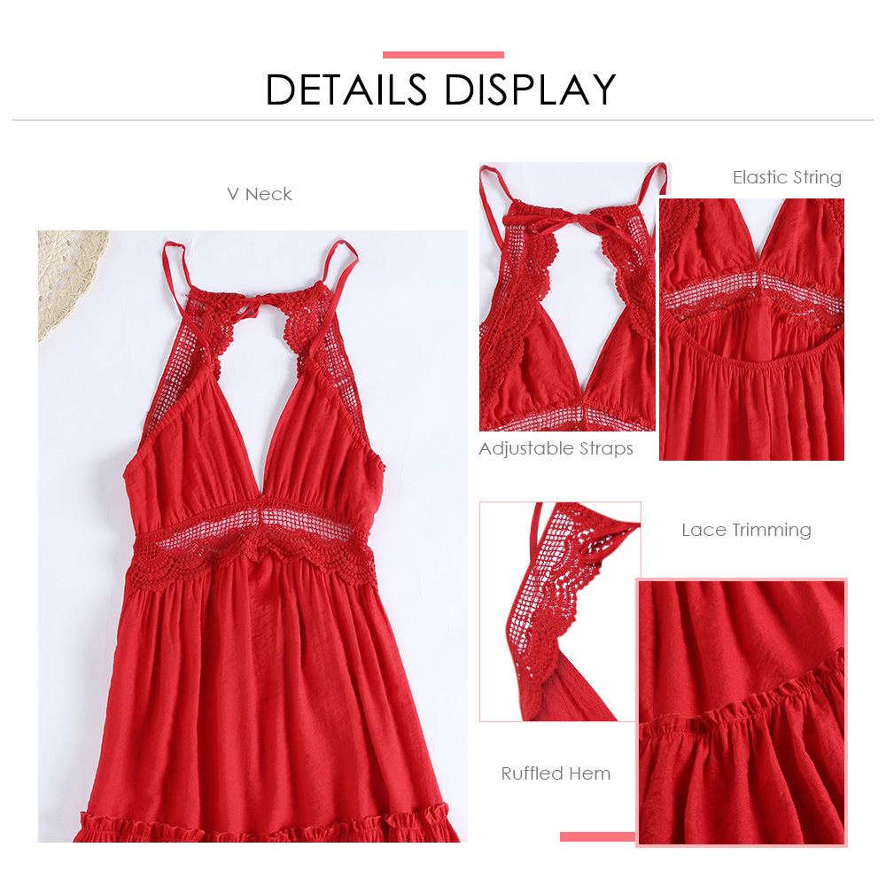 Sexy Plunge Neck Spaghetti Strap Backless Lace Spliced Women Dress