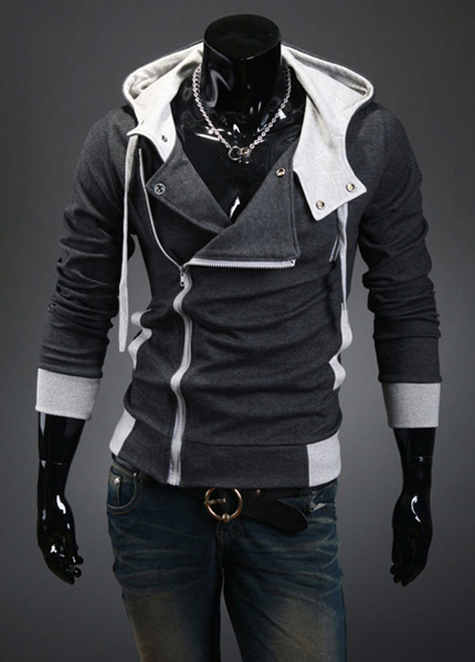 Street Style Side Zipper Studs Long Sleeves Men's Polyester Hoodies