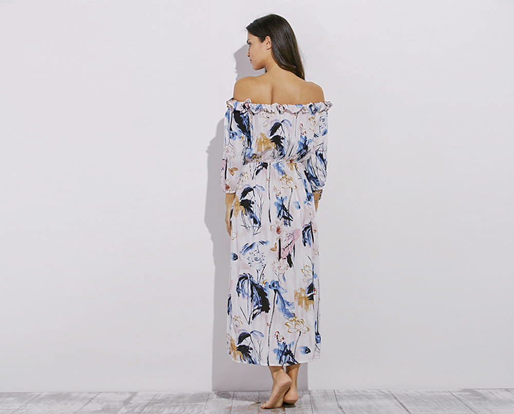 Fashionable Off The Shoulder Long Sleeve Slit Design Print Women Dress