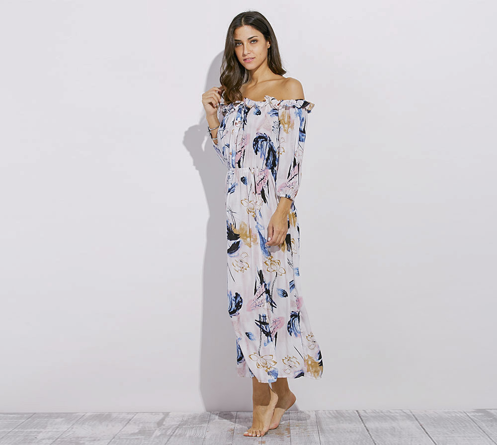 Fashionable Off The Shoulder Long Sleeve Slit Design Print Women Dress