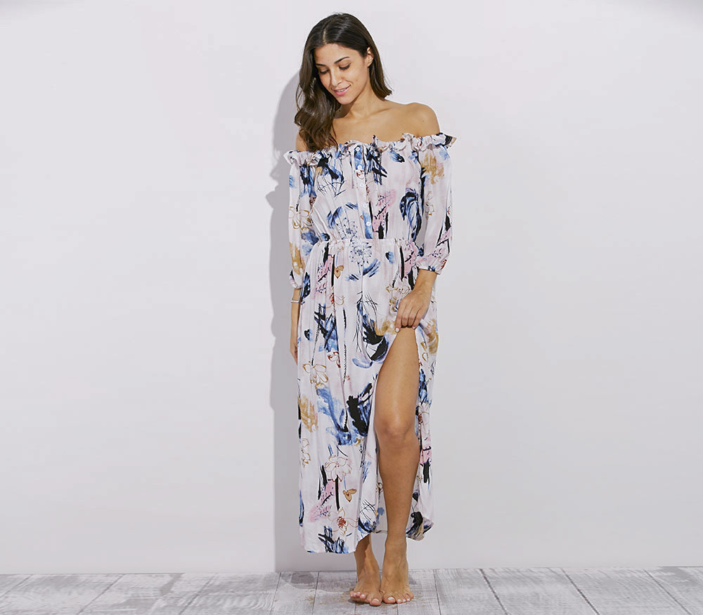 Fashionable Off The Shoulder Long Sleeve Slit Design Print Women Dress