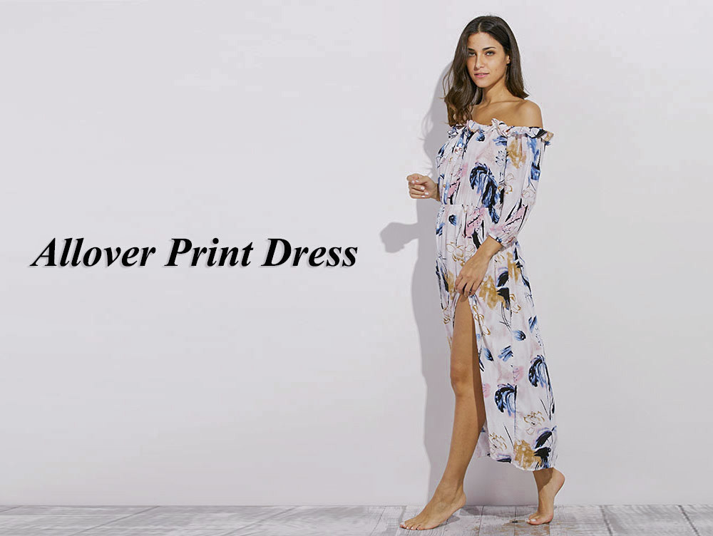 Fashionable Off The Shoulder Long Sleeve Slit Design Print Women Dress