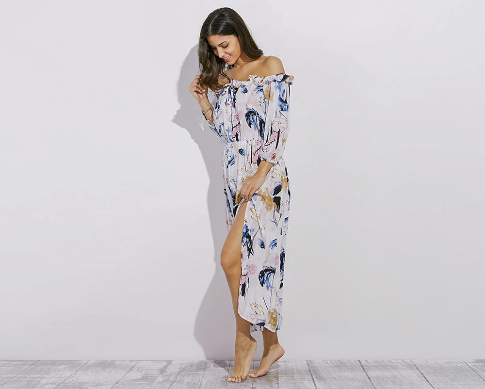 Fashionable Off The Shoulder Long Sleeve Slit Design Print Women Dress