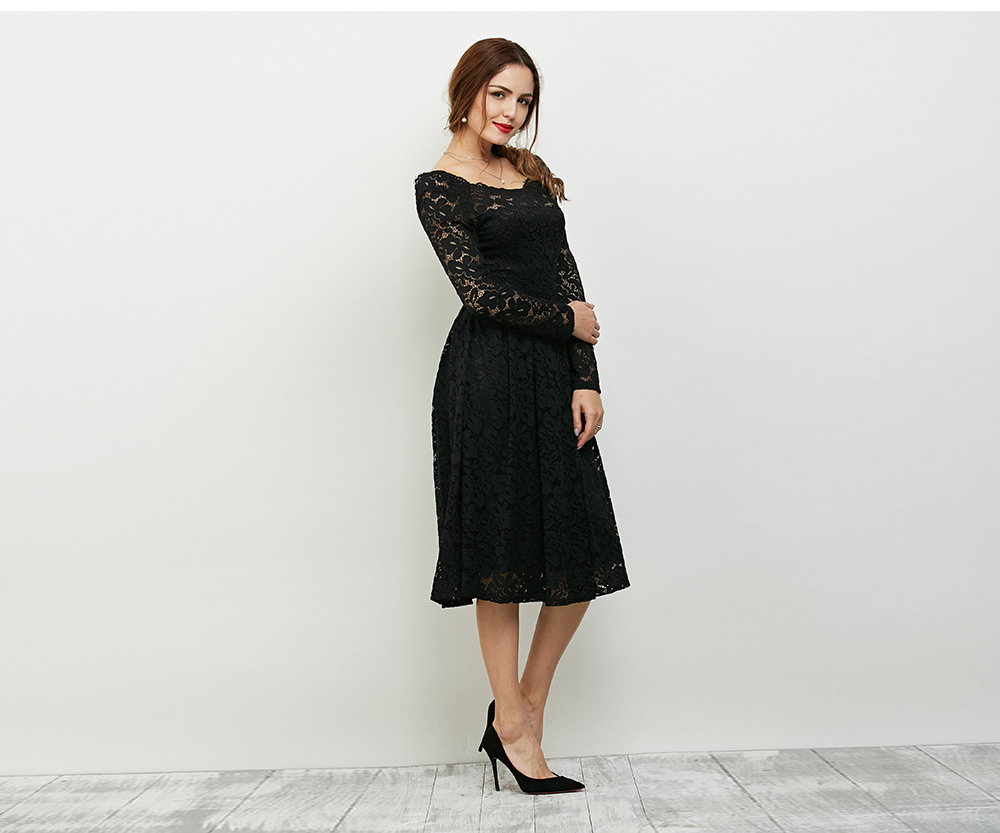 Elegant Long Sleeve Slash Neck Hollow Out Lace Dress for Women