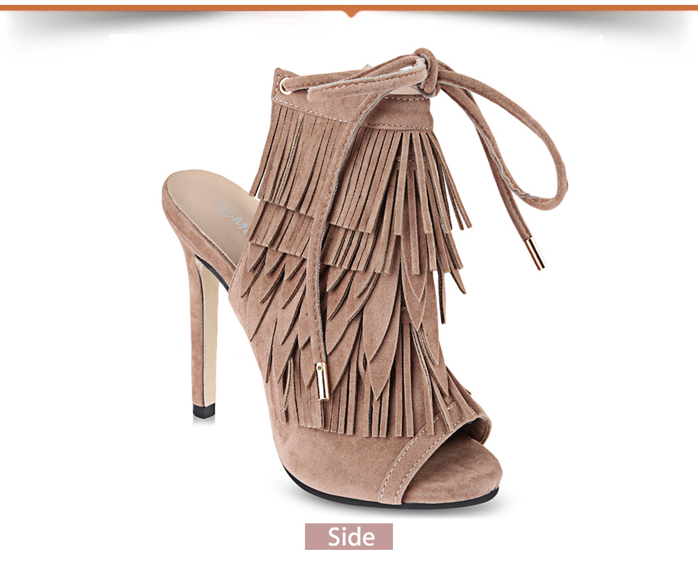 Sexy Tassel Decoration Open Toe Lace Up Thin High Heel Shoes for Women