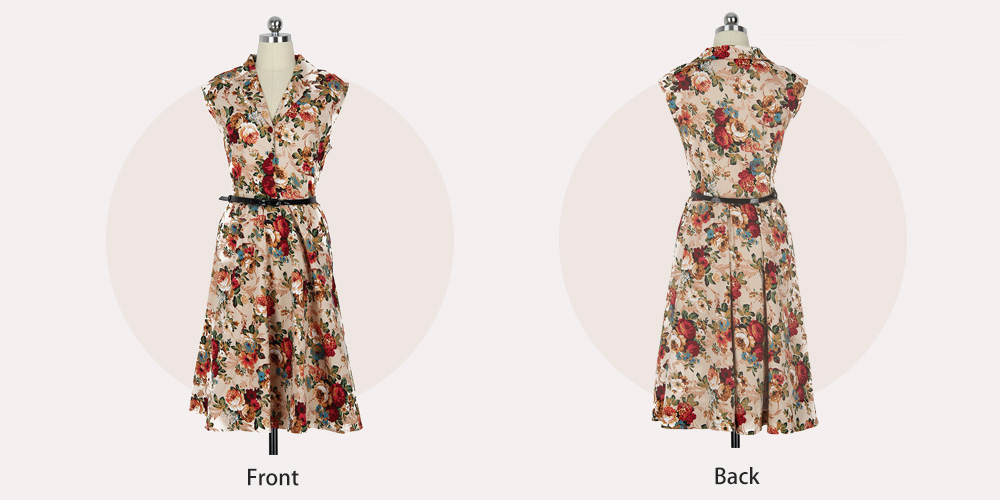 Vintage Lapel Floral Print Belt A-line Dress for Women