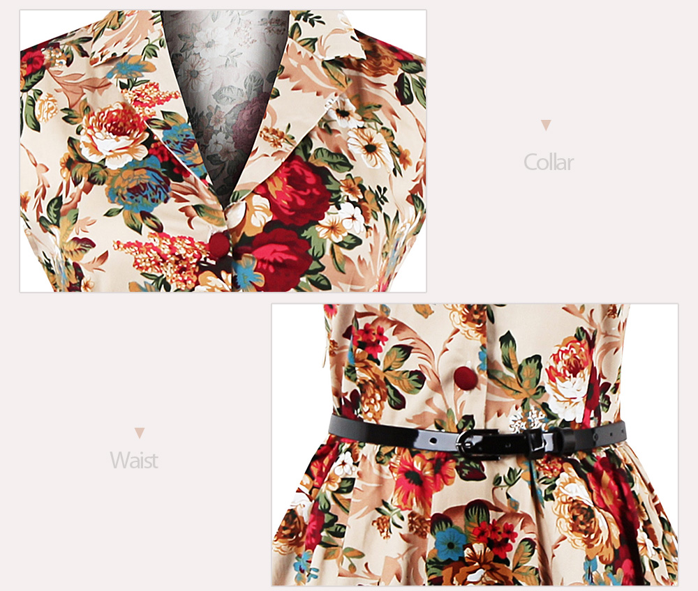 Vintage Lapel Floral Print Belt A-line Dress for Women