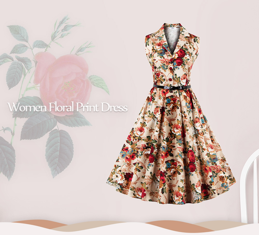 Vintage Lapel Floral Print Belt A-line Dress for Women