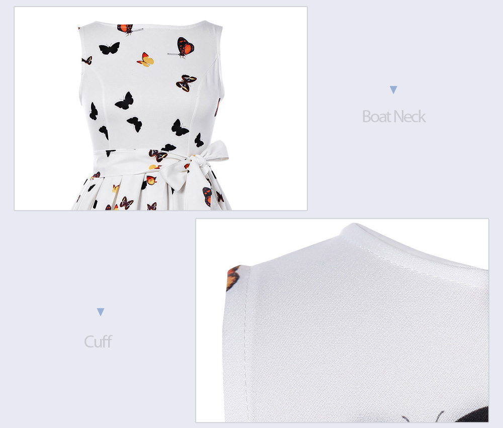 Trendy Boat Neck Sleeveless Butterfly Print Tie A-line Dress for Women