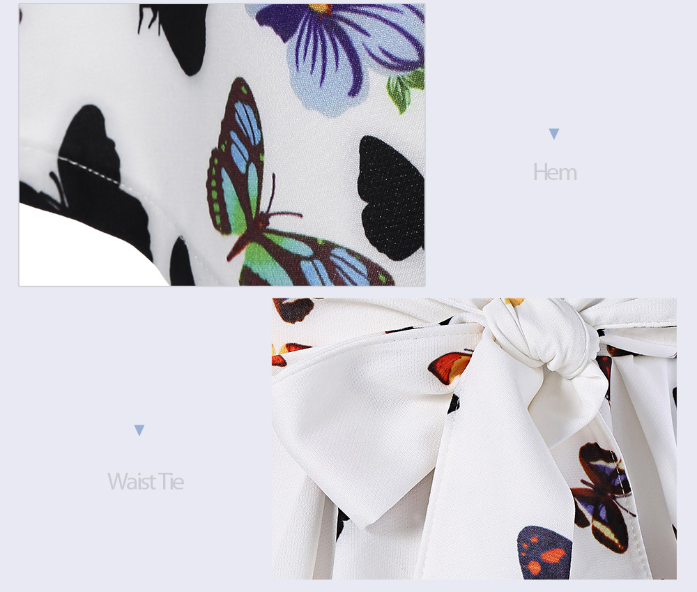 Trendy Boat Neck Sleeveless Butterfly Print Tie A-line Dress for Women