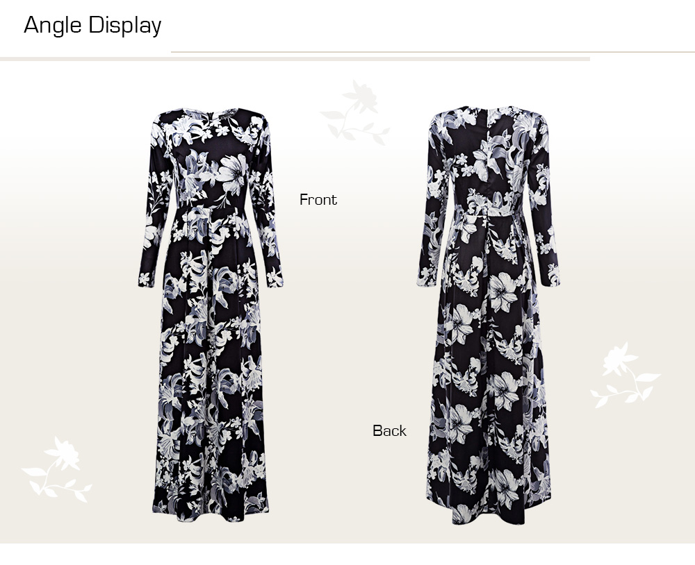 Vintage Round Collar Long Sleeve Floral Print Dress for Women