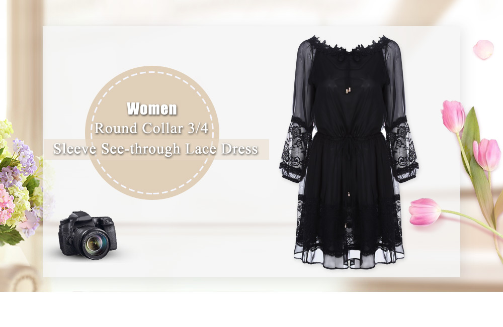 Sexy Round Collar 3/4 Sleeve See-through Lace Spliced Chiffon Dress for Women