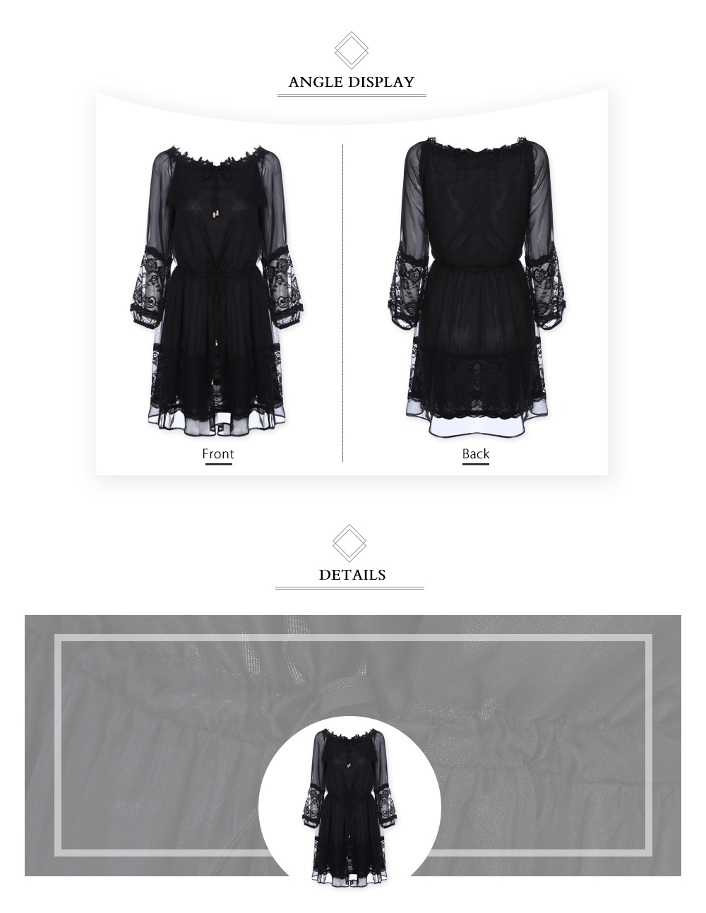 Sexy Round Collar 3/4 Sleeve See-through Lace Spliced Chiffon Dress for Women