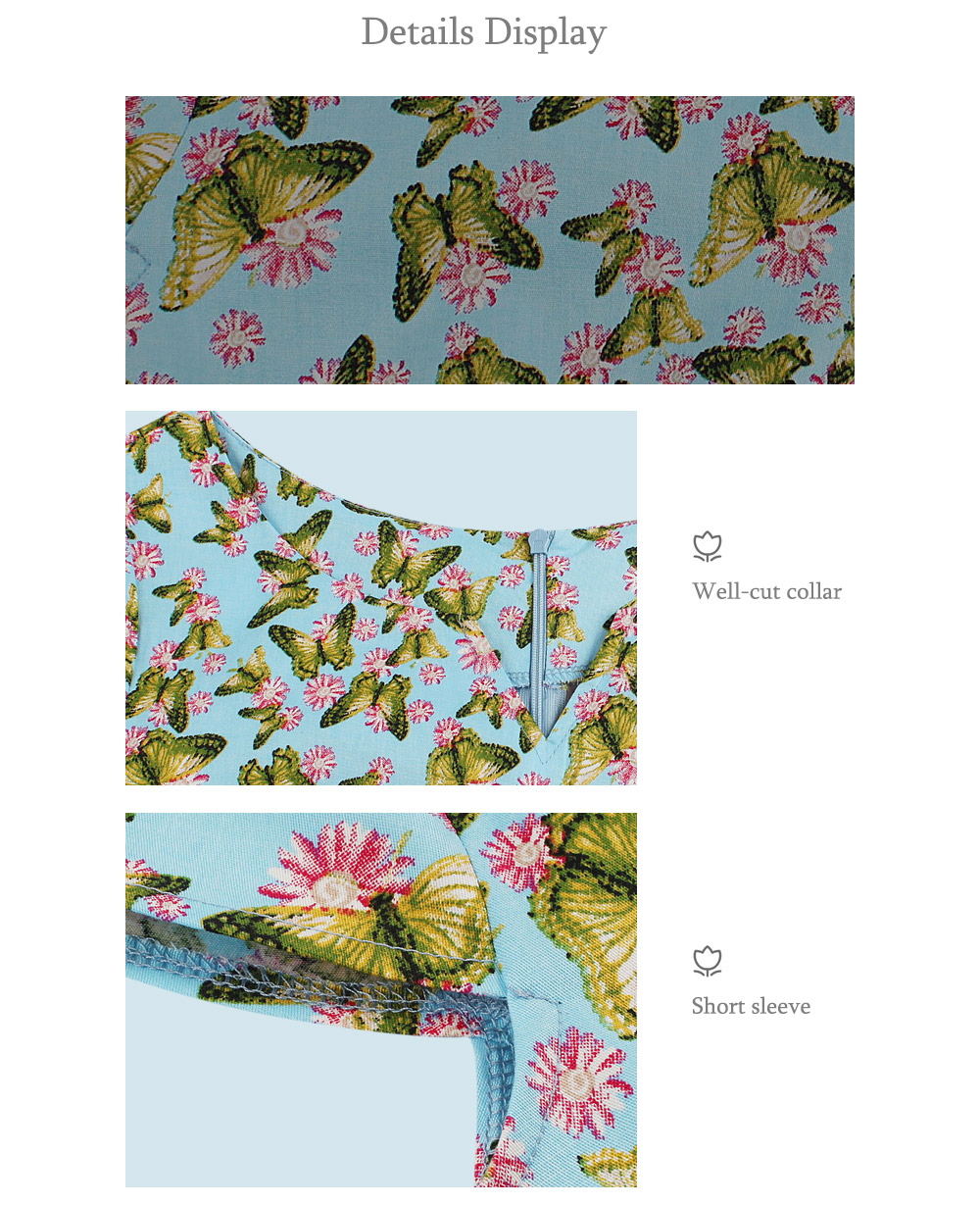 Vintage Short Sleeve Butterfly Floral Print A-line Zipper Dress for Women