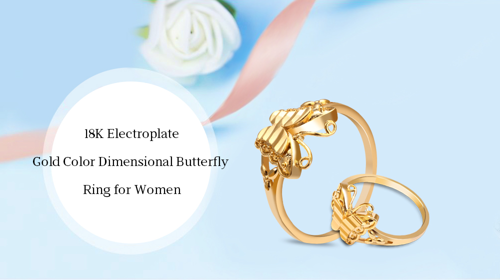 Stylish Jewelry 18K Electroplate Gold Color Dimensional Butterfly Ring for Women