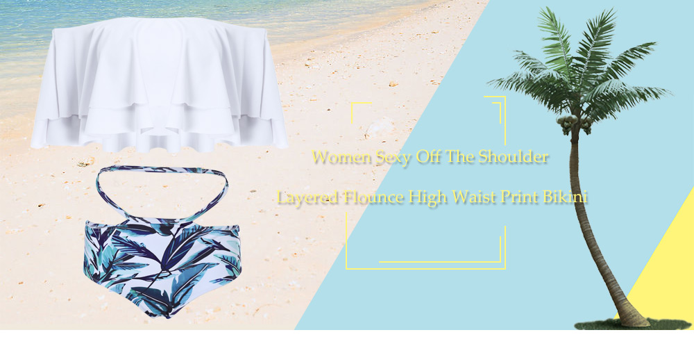 Sexy Off The Shoulder Layered Flounce Pad High Waist Print Women Bikini Set