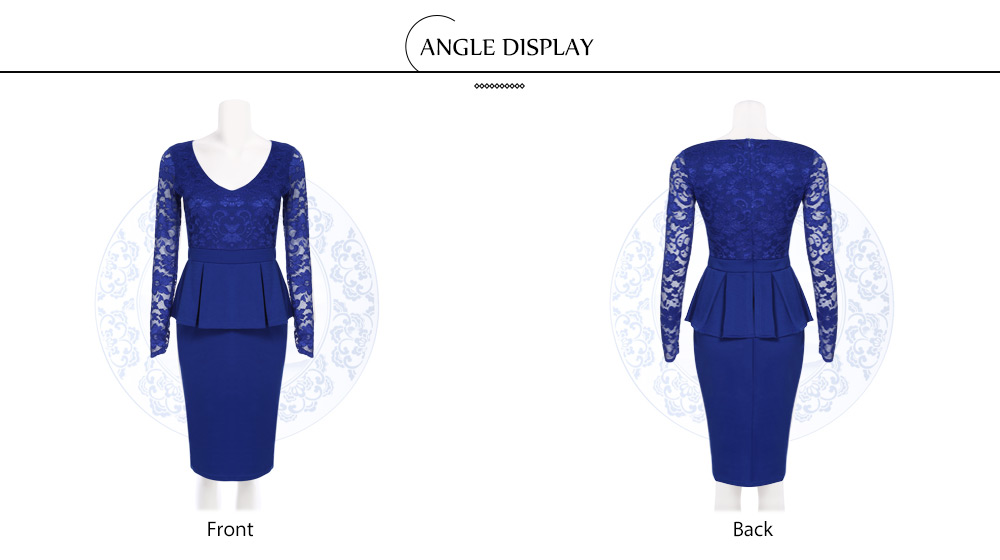 Sexy V Neck Long Sleeve See-through Lace Spliced Bodycon Women Dress