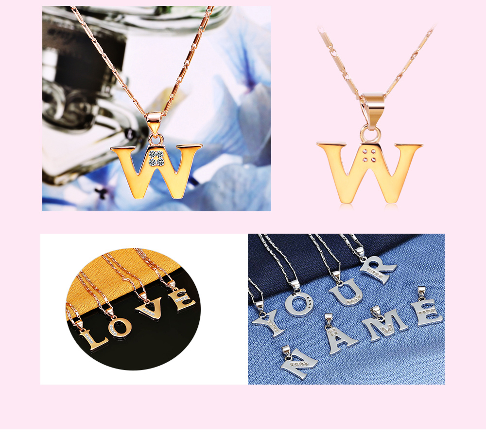 Women Chain Sparkling Rhinestones 26 English Letters Shape Pendant Necklace