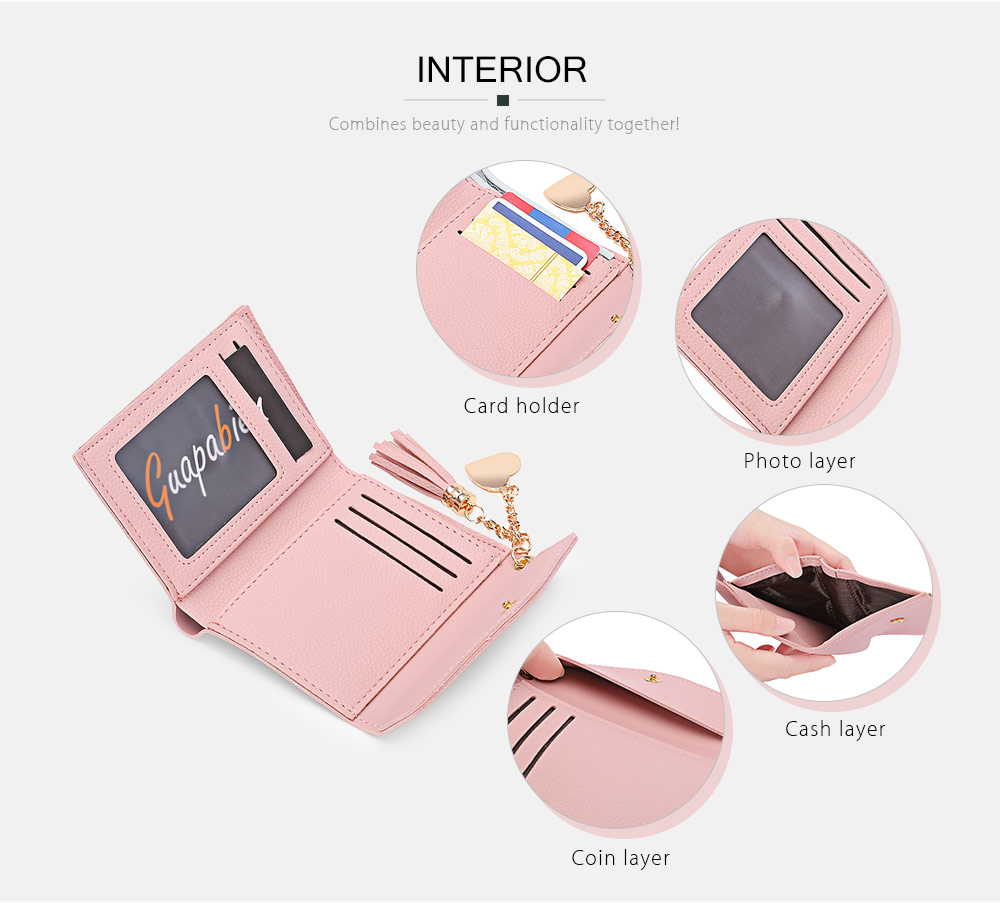 Guapabien Women Foldable PU Leather Short Wallet Tassel Card Holder