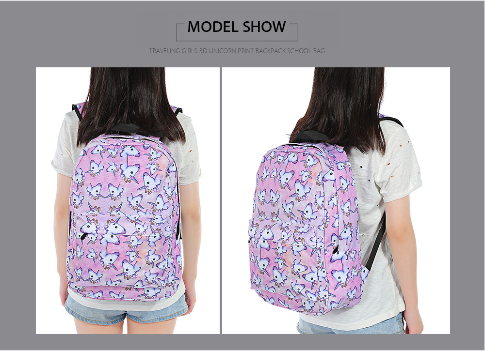 Guapabien Traveling Girls 3D Unicorn Print Backpack Zipper School Bag