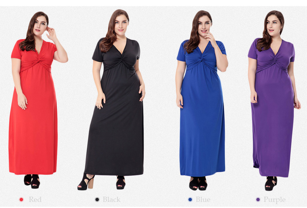 Trendy Plunge Neck Short Sleeve Solid Color Knitted Plus Size Women Maxi Dress