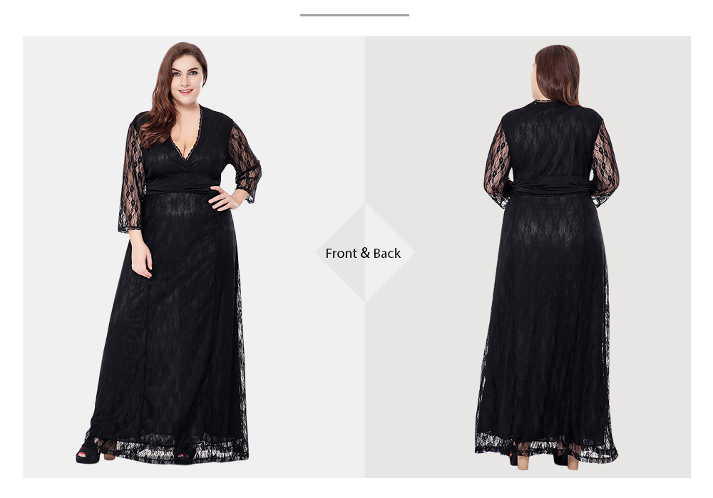 Sexy Plunge Neck 3/4 Sleeve See-through Lace Plus Size Women Maxi Dress