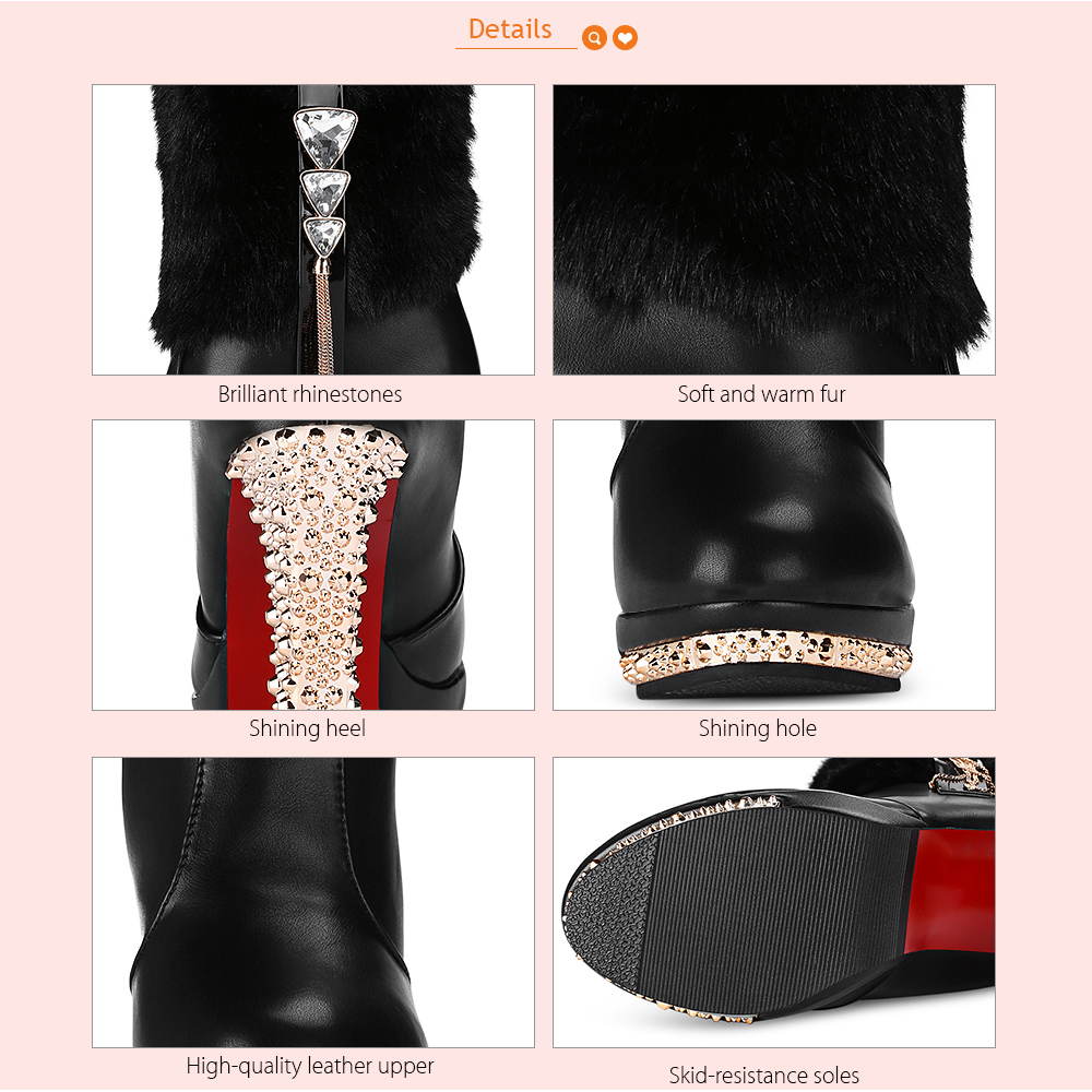 Female Winter Luxuriant Rhinestone Fur Chunky High-heeled Mid-calf Boots