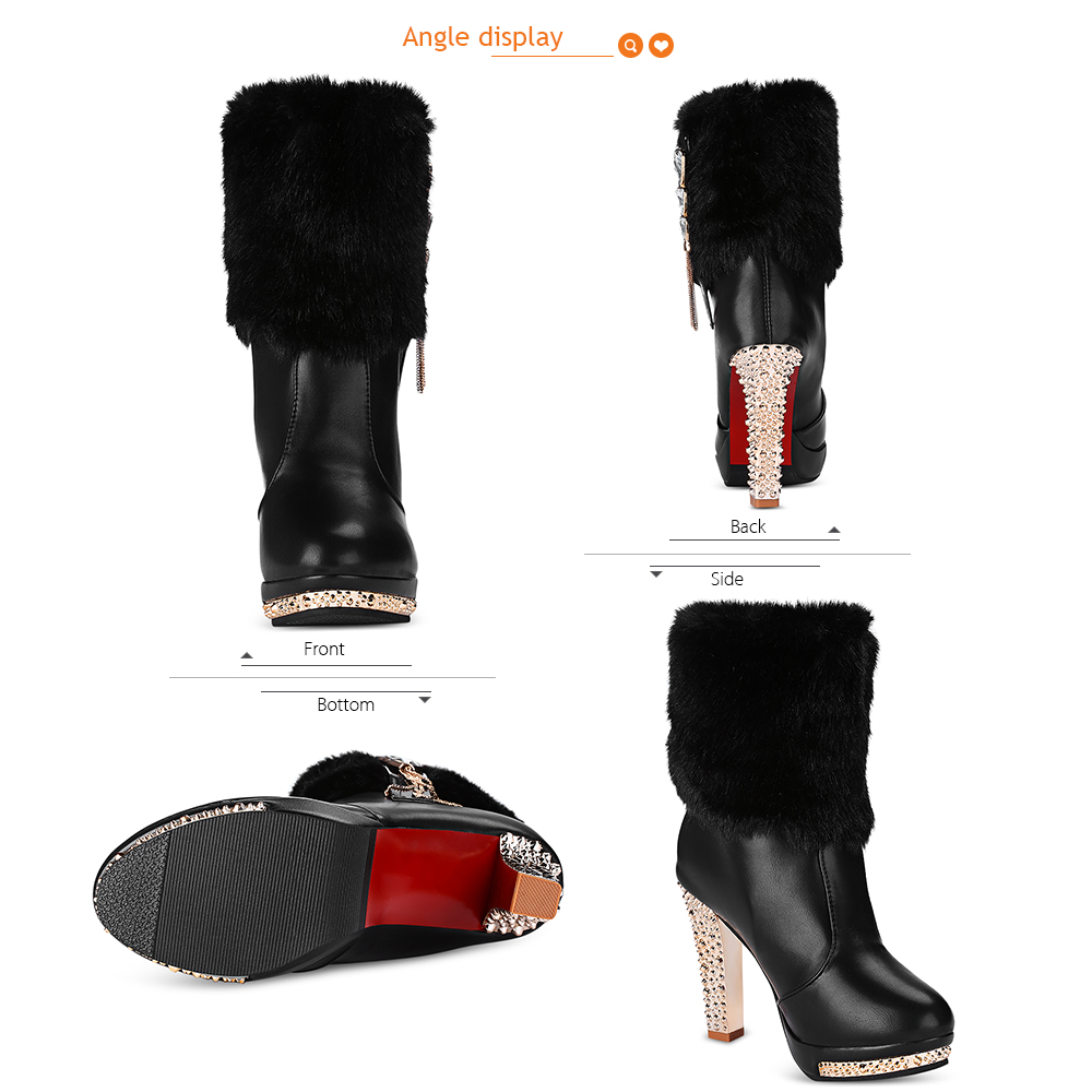 Female Winter Luxuriant Rhinestone Fur Chunky High-heeled Mid-calf Boots