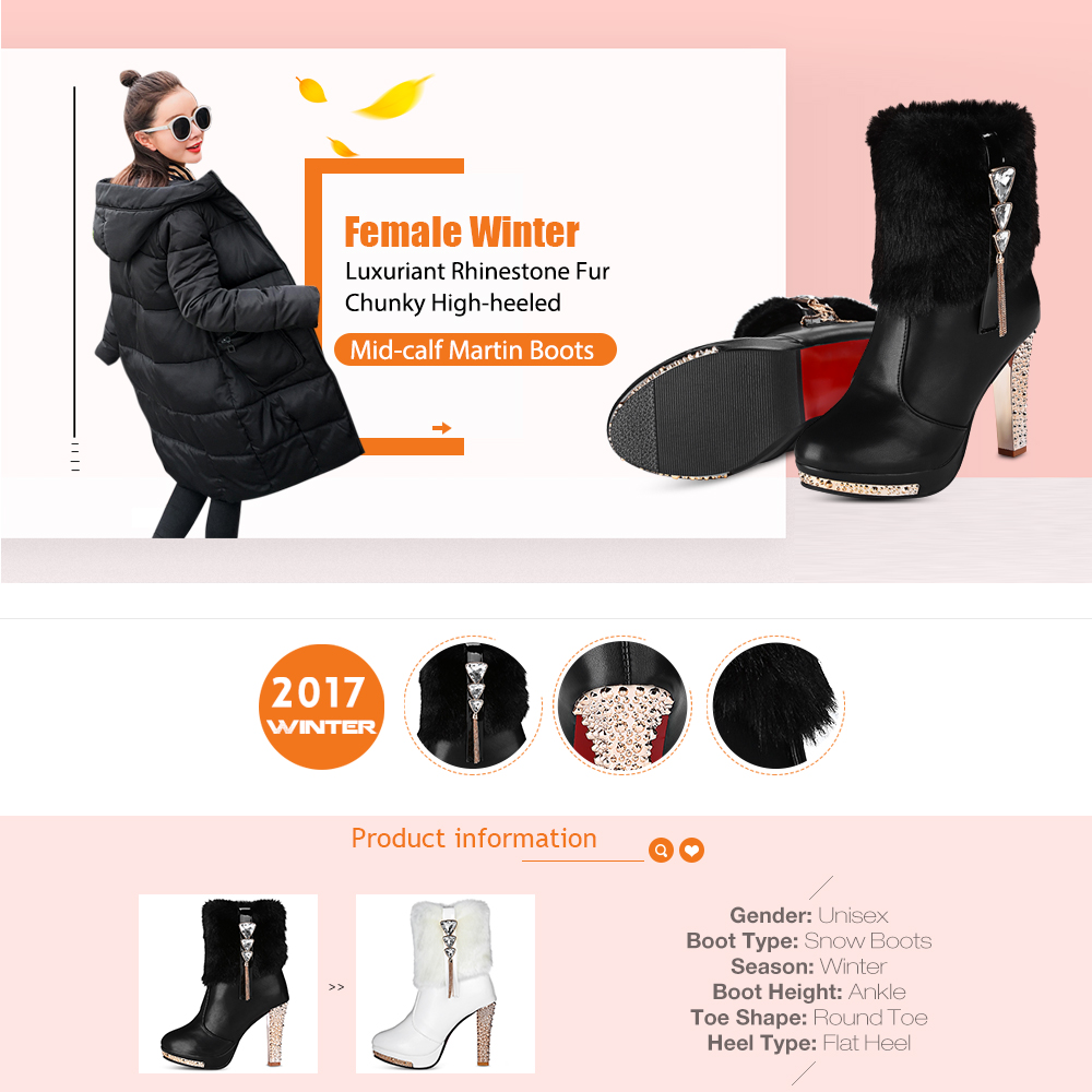 Female Winter Luxuriant Rhinestone Fur Chunky High-heeled Mid-calf Boots
