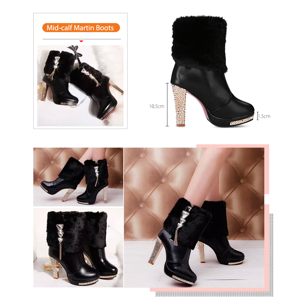 Female Winter Luxuriant Rhinestone Fur Chunky High-heeled Mid-calf Boots