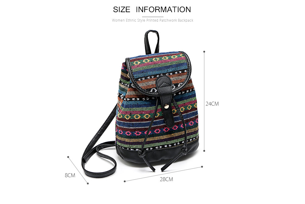 Guapabien Women Drawstring Hasp Ethnic Style Canvas PU Leather Patchwork Backpack