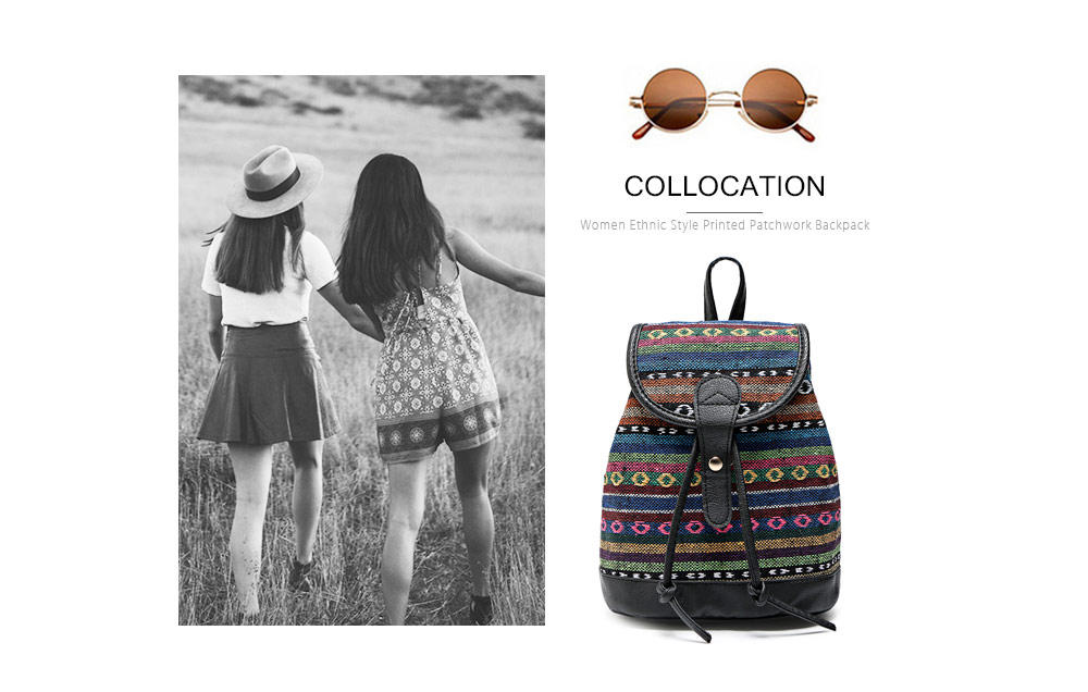 Guapabien Women Drawstring Hasp Ethnic Style Canvas PU Leather Patchwork Backpack