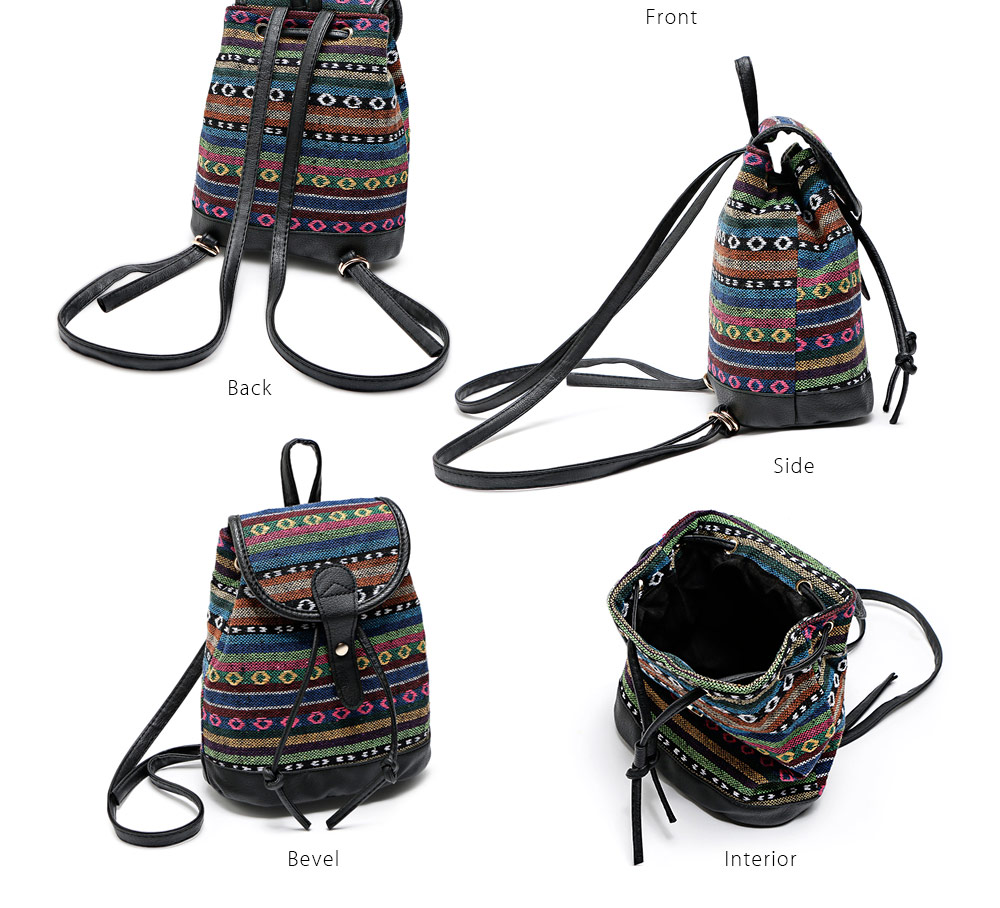 Guapabien Women Drawstring Hasp Ethnic Style Canvas PU Leather Patchwork Backpack