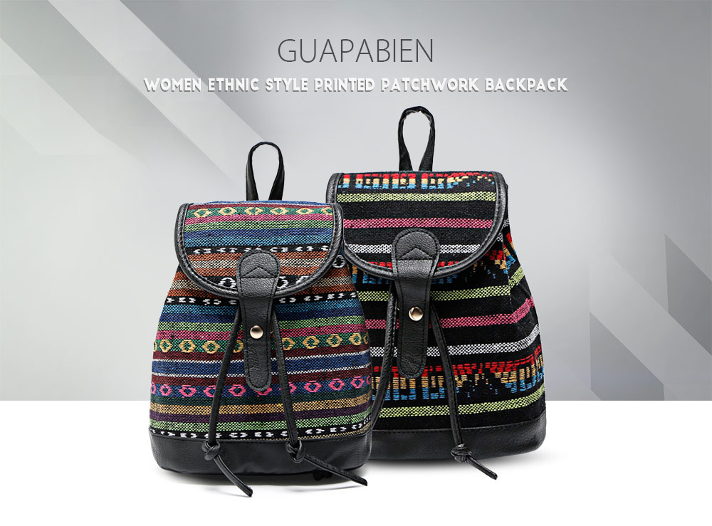 Guapabien Women Drawstring Hasp Ethnic Style Canvas PU Leather Patchwork Backpack