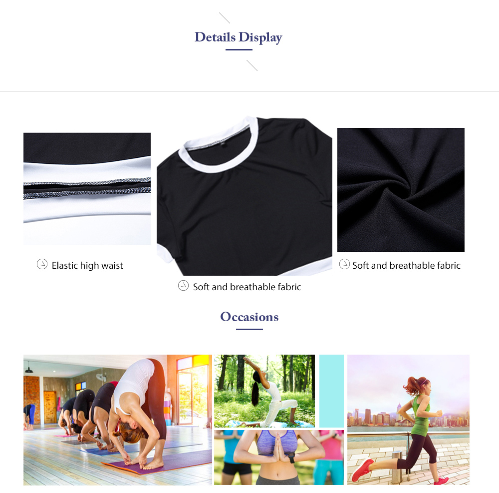 Female Summer Sports Suit Patchwork Midriff Short Sleeve Top High Waist Pants