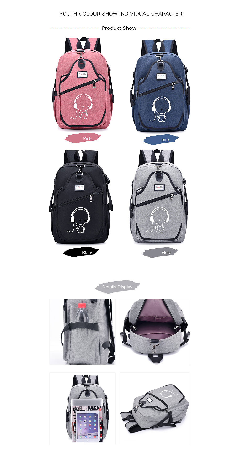 Cute Print Anti-theft Backpack with USB Port for Men