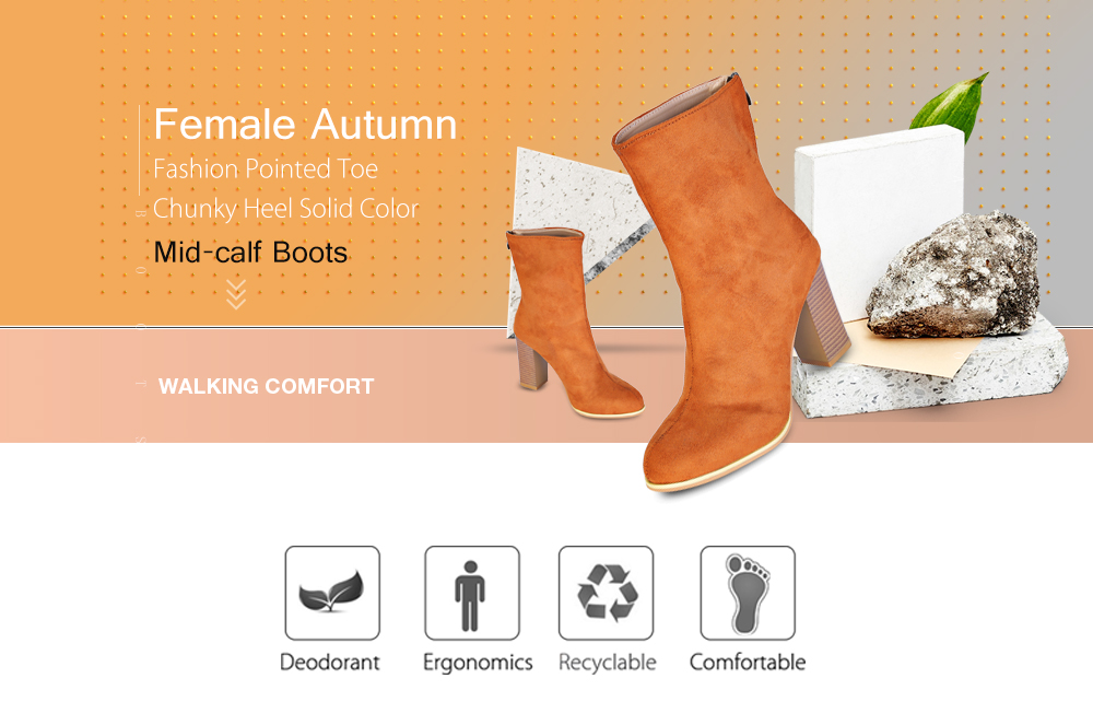 Female Autumn Fashion Pointed Toe Chunky Heel Solid Color Mid-calf Boots