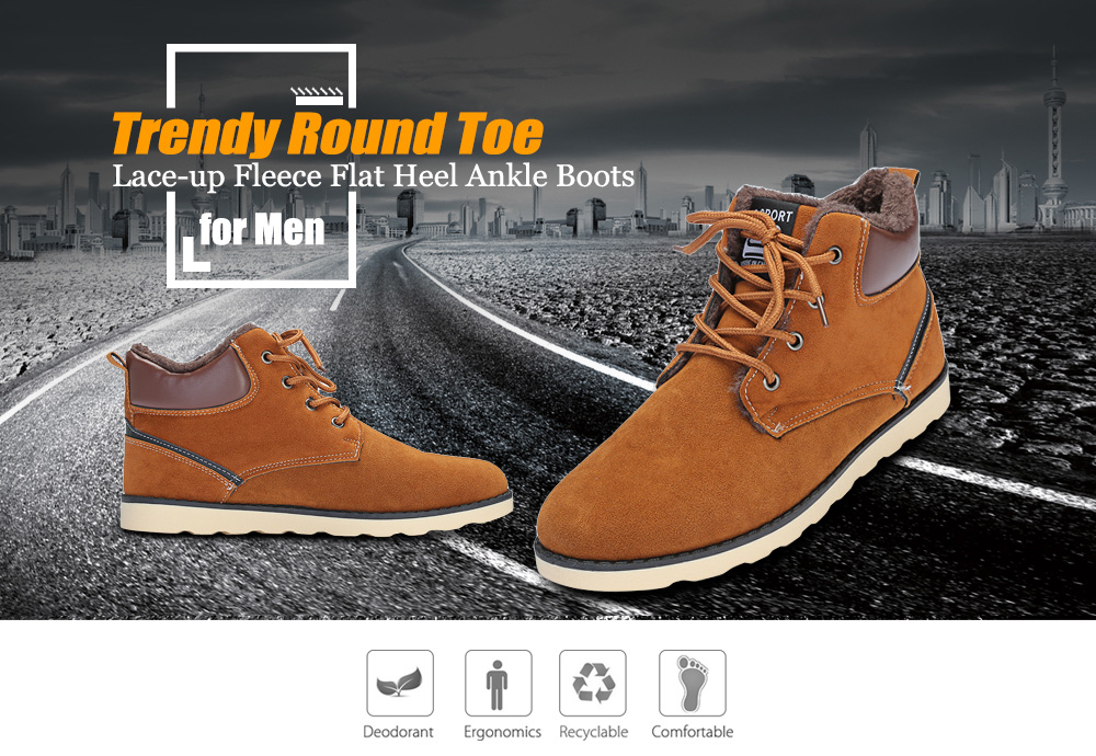 Trendy Round Toe Lace-up Fleece Flat Heel Men Ankle Boots