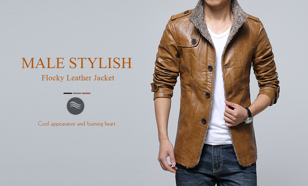 Stand Collar Flocking Single Breasted PU-Leather Jacket