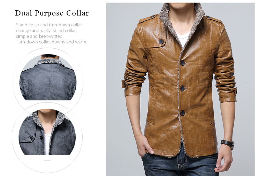 Stand Collar Flocking Single Breasted PU-Leather Jacket